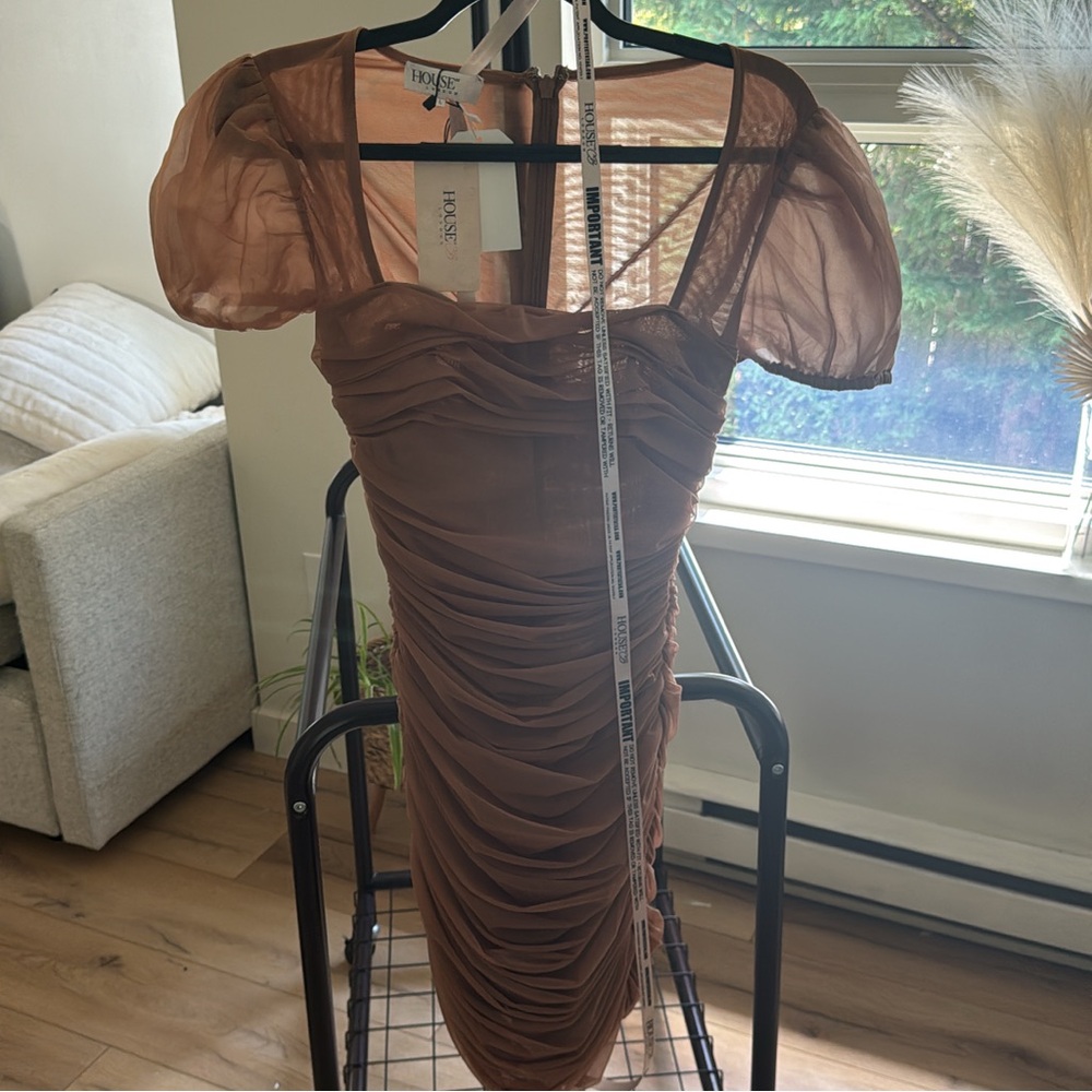 House of CB Brown Ruched Bodycon Mini Dress with Square Neck tags on